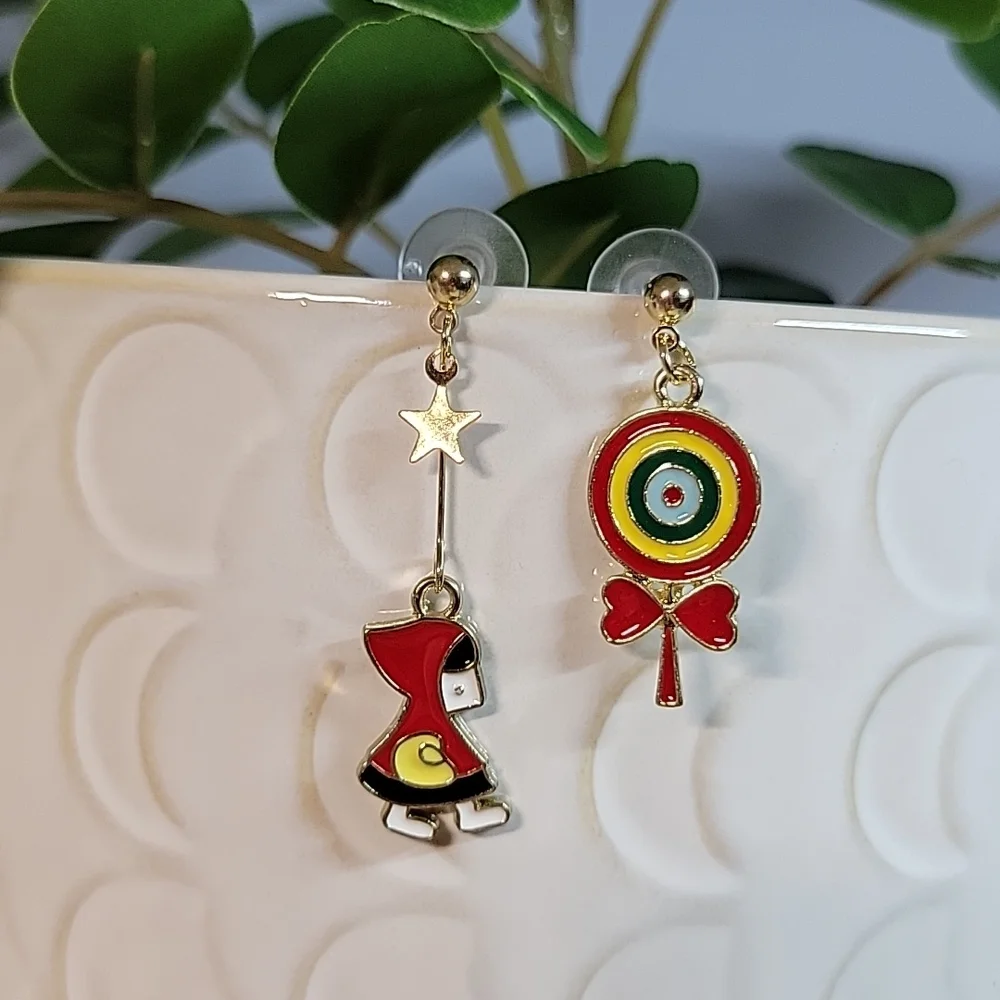 Little Red Riding Hood Mismatched Drop Earrings, S925 - Picture 1 of 4
